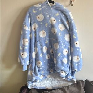 Cozy Blue Hooded Fleece Sweater with Cloud Dog Print